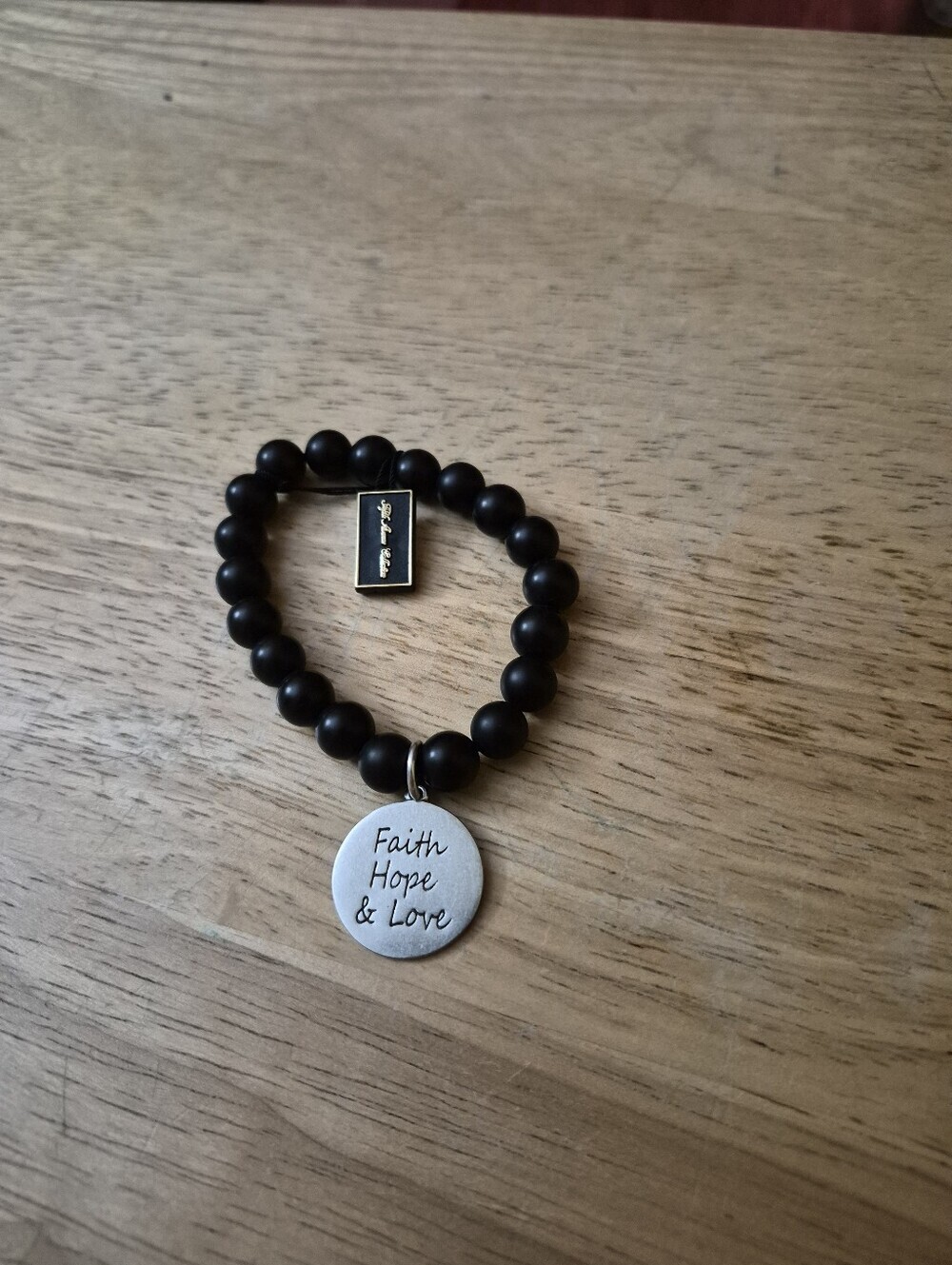 Fifth Avenue Collection Faith Hope Love Matte Black Onyx Beaded Stretch Bracelet